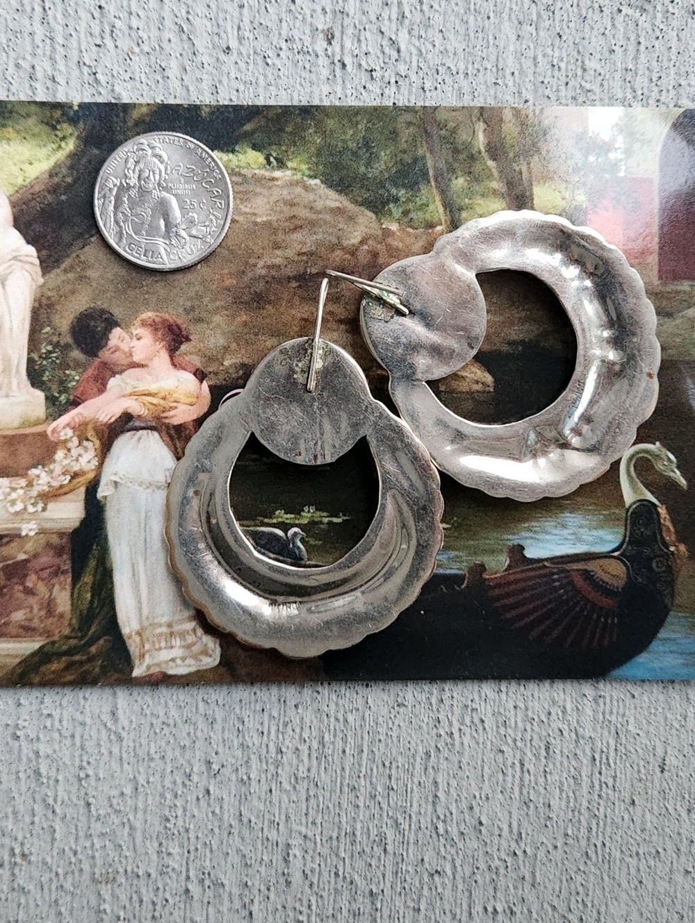Amazing statement Mexican silver large ridged earrings with a red cabachon. 2.5 - Picture 5 of 5